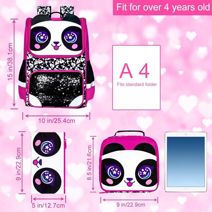 3PCS Bookbag for Girls, 15" Kids Sequin Bookbag with Lunch Box, Panda School Bag Set for Elementary Preschool Toddler