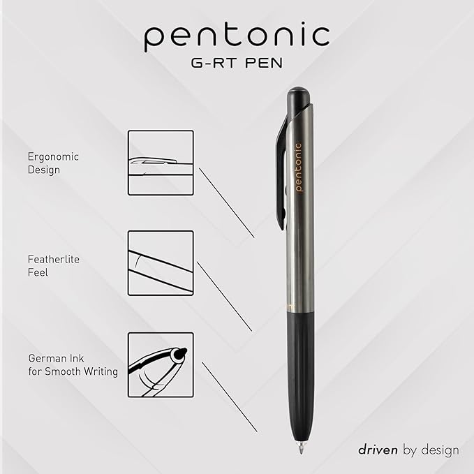 Pentonic GR-T Retractable Gel Pens, 10 Count, Black Ink, 0.7 mm Fine Point, Smooth Writing For Journaling, Note Taking, Office & School (1002363)
