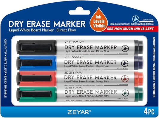 ZEYAR Dry Erase Marker Low-Odor Bullet Tip, Ultra-Large Capacity, Advanced Direct Flow Structure, Whiteboard Marker for School, Office, Home, 4 Count (Black,Blue,Red,Green)