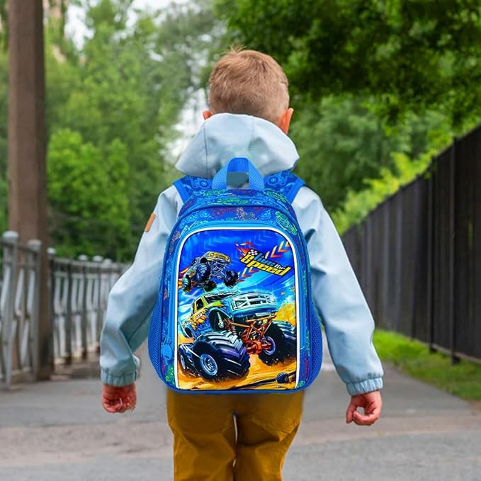 KLFVB Boys Toddler Truck Backpack, Water Resistant Kindergarten Bookbag, 13" Preschool Backpacks for Toddler - Truck Blue