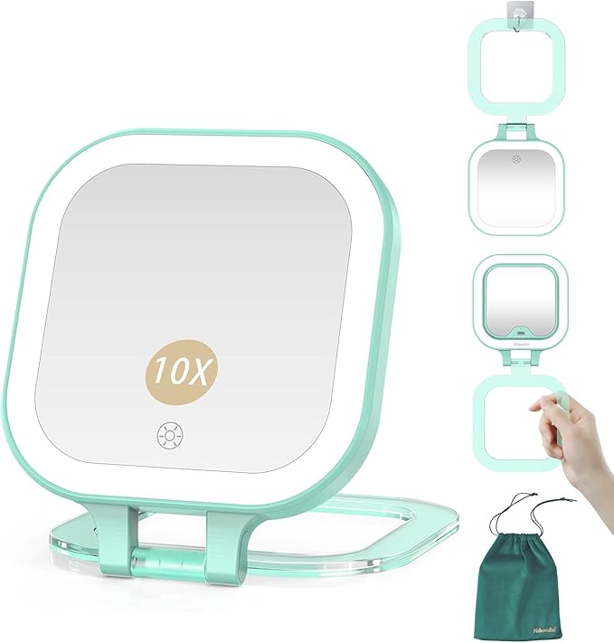 Mocado Compact Travel Makeup Mirror, 1X/10X Magnifying Mirror with Light, Double Sides Compact Mirror with 3 Color Light, Dimmable Handheld Mirror, Rechargeable Travel for Purse,Pocket(Green)