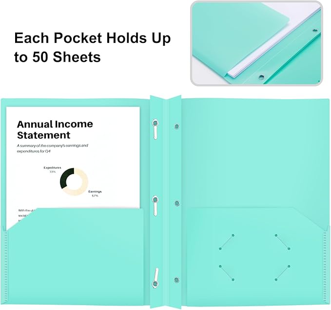 ViVin 12-Pack Pastel Color Folders, Durale Plastic Folders with Pockets and Prongs, 2 Pocket Letter Size Poly File Folders with 3-Prong Fasteners, Cute Folders for School, Home and Office(Light Green)