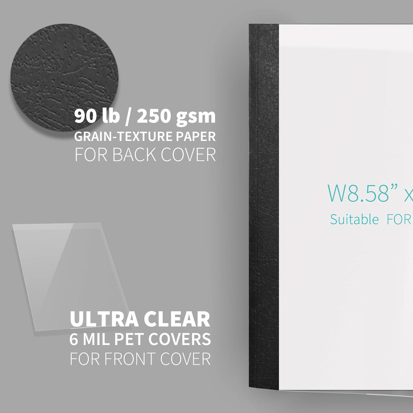 Binditek 10 Pack Thermal Binding Presentation Covers, 1/2 Inch Spine, Holds 95 Sheets, Ultra Clear Front Cover, Black Paper Back Cover, Letter Size, for Students and Coworkers