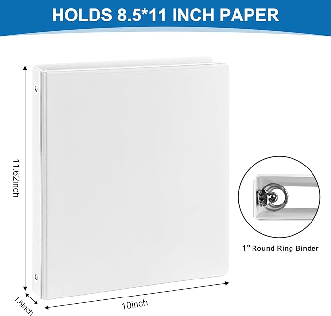 1 inch 3-Ring Binder, 1" Round Ring Binders with 2 Inside Pockets, View Basic 1 in Binders, Clear View Cover 1-inch-Binder Holds 8.5'' x 11''Paper for Office/Home/Back to School（Pack of 12, White
