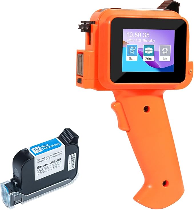 Handheld Inkjet Printer with 42ml Quick-Drying Ink Cartridge, 0.5 Inch Nozzle Ink Jet Coding Machine for EXP Date/Batch Number/QR Code/Barcode/Logo/Text (ZM-C12mini) (Orange)