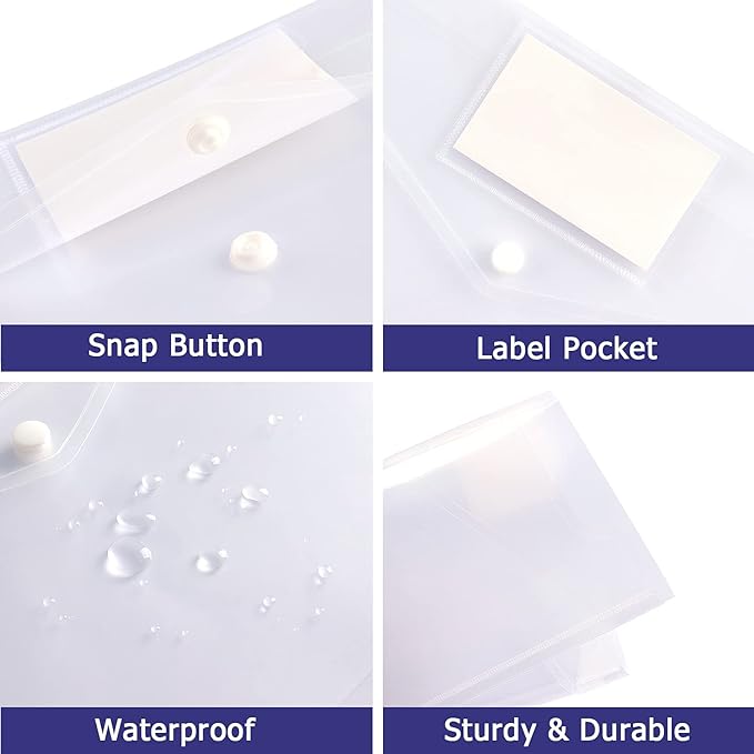6 Pack Clear Document Folders Plastic Envelopes Poly Envelopes File Envelopes with Label Pocket and Snap Button for Home Work Office Organization, Letter Size/A4 Size, White