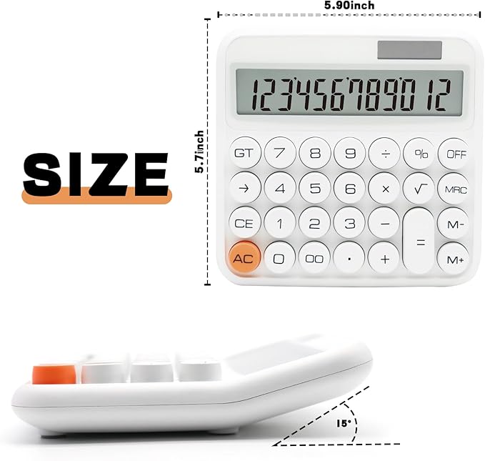 White Calculator, Standard Calculator 12 Digit with Large LCD Display and Big Buttons,White Office Supplies and Desk Accessories,Cute Calculator for Home, Office, School, Class and Business