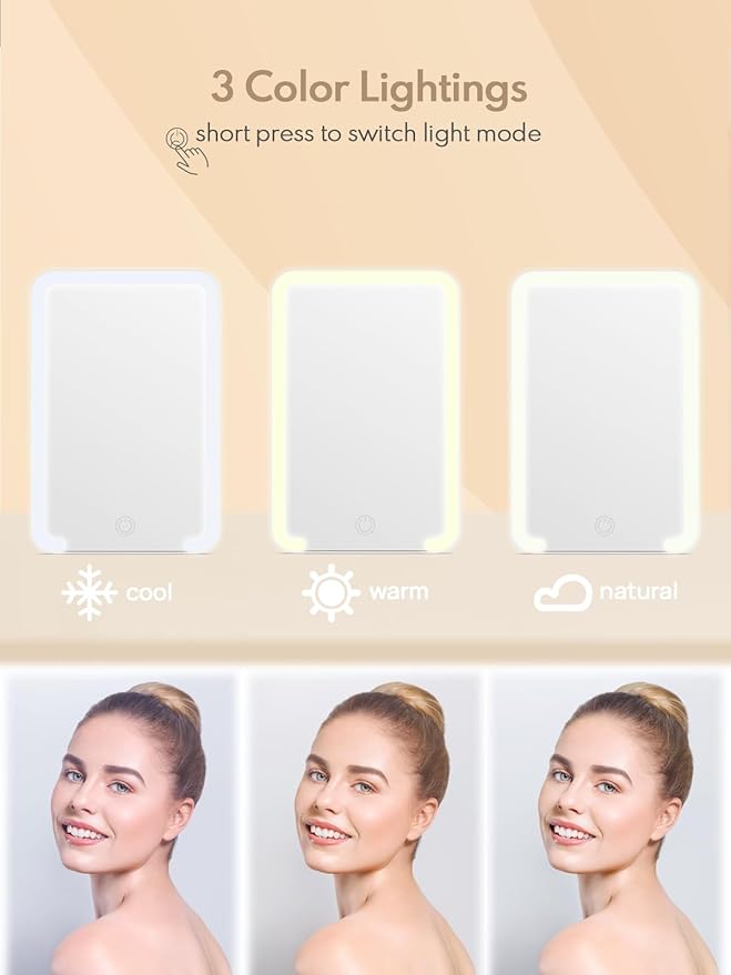 Qislee Travel Makeup Mirror with Lights, 3 Color Modes, 8 x 5 inches Desk Mirror with Foldable Stand, Touch Dimming, Perfect Travel Accessory, White
