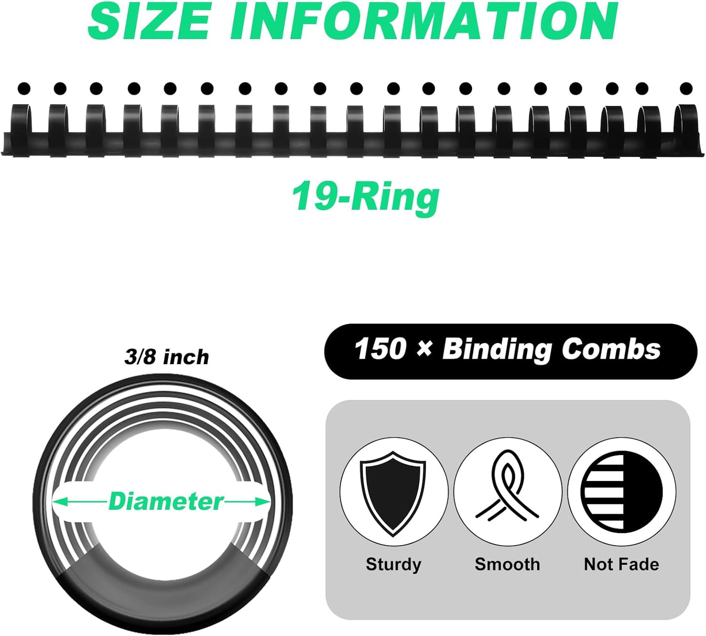 Yunsailing 150 Pack Plastic Binding Combs Plastic Binder Comb Ring 19 Ring Binding Spines Letter Size Spiral coils for Notebook Calendar(3/8 in,Black)