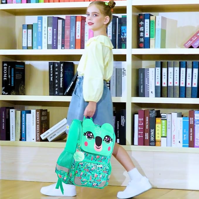 UFNDC 3PCS Bookbag for Girls, 15" Kids Sequin Bookbag with Lunch Box, Green Koala School Bag Set for Elementary Preschool Toddler