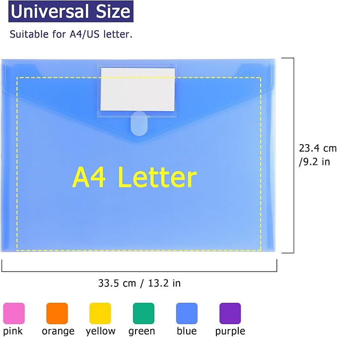 Tamaki 6 Pack Plastic Envelopes Poly Envelope Folder Clear Document Plastic File Folders Organization with Hook & Loop Closure, Letter Size/A4 Size, Envelope Folders for School Office