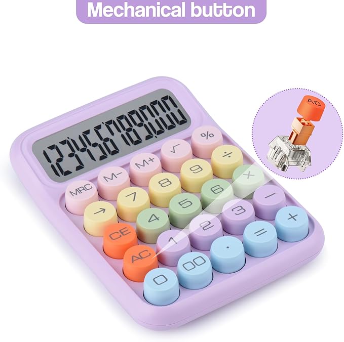 Mechanical Pushbutton Calculator,12 Digit Large LCD Display,Big Buttons Easy to Press,Colorful Candy Calculator,Automatic Sleep,with Battery.for Office,School, Home. (Purple)