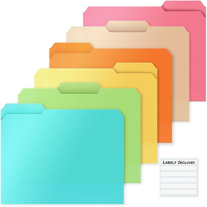 Dunwell Plastic Colored File Folders (6 Pack), 1/3 Tab File Folders for 8.5x11 Letter Size Documents, Assorted Pastel Colors, Acid-Free Poly for Long Term Storage, Includes Labels