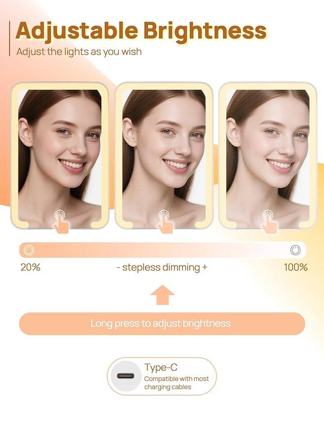 OMIRO Lighted Travel Makeup Mirror, 8 x 5 inches Desk Mirror with Foldable Stand and 3 Lighting Modes for Shaving and Travelling, White