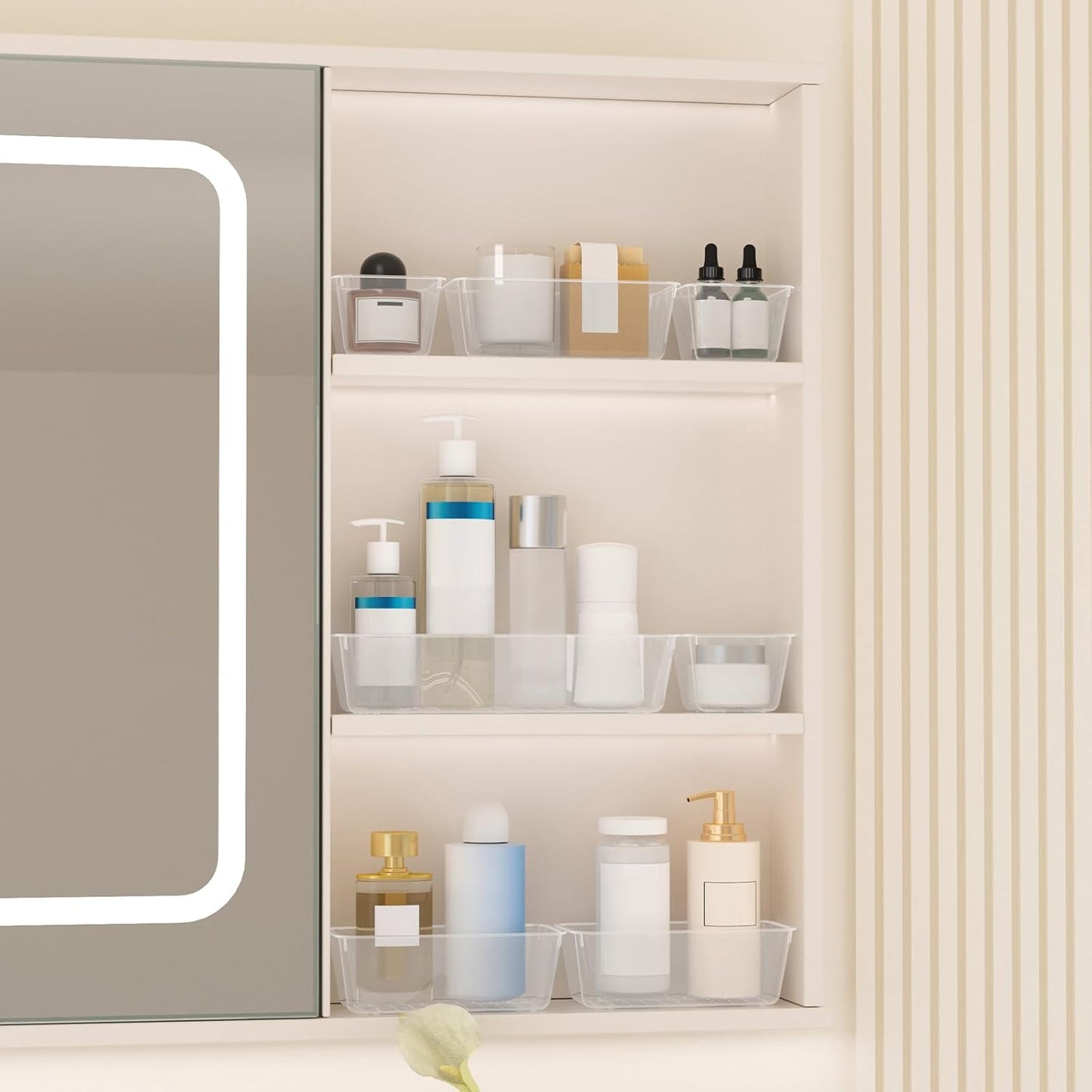 46 PCS Plastic Drawer Organizer Set, 4-Size Clear Bathroom and Vanity Desk Drawer Organizer Trays, Non-Slip Versatile Storage Divider Bins for Makeup Jewelry Bedroom Office Kitchen Gadgets