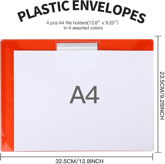 LEOBRO File Folders for Documents, 4 Pcs Plastic Folders with Pocket, Plastic Envelopes with Snap Closure, Reusable File Bags, for School & Office, A4 Size