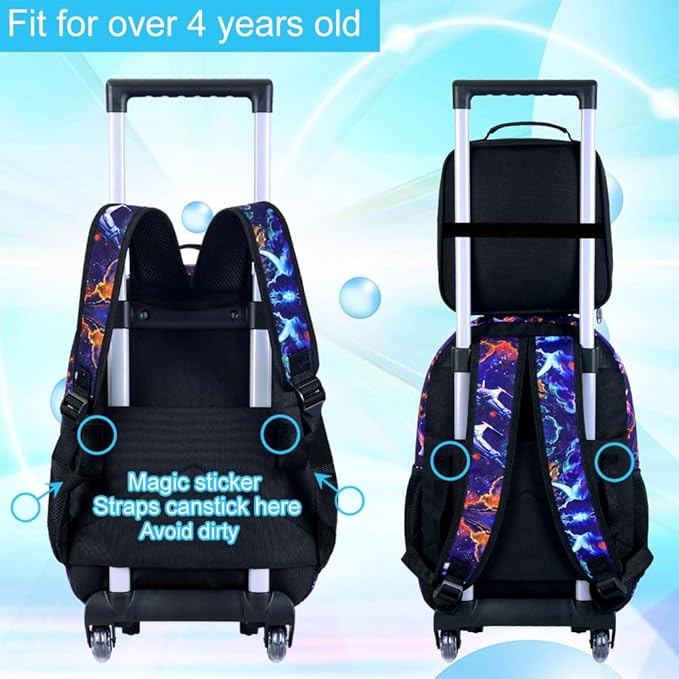 3PCS Rolling Backpack for Boys, Kids Roller Bookbag with Wheels, Panda Wheeled School Backpack for Elementary Preschool Kindergarten(Black)