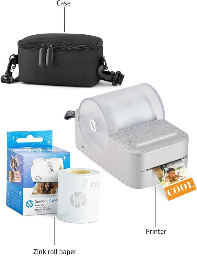 HP Sprocket Panorama Instant Portable Color Label & Photo Printer (Grey) Starter Bundle with case Zink roll