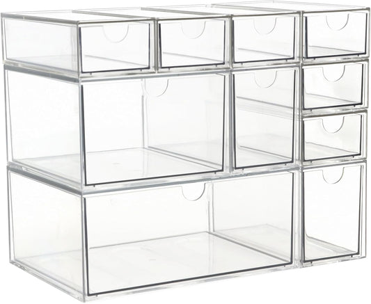 Acrylic Makeup Organizer, 10 Drawers Clear Storage Organizer Desktop Stackable Storage Drawers, Plastic Organizer Bins for Makeup, Stationery, Cosmetics, Vanity, Bathroom,Cabinet,Pantry Office Desk