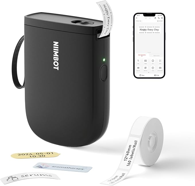 NIIMBOT D11 New Version Label Maker Machine with Tape,300DPI Bluetooth Label Printer, Portable Thermal Printer,Sticker Maker for Organizing Home Office School，Full Black