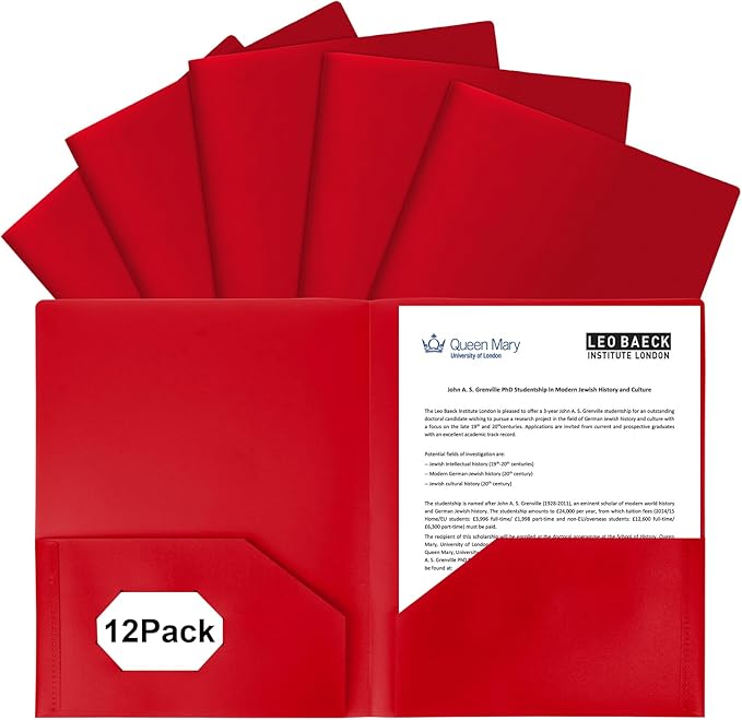 12-Pack Plastic Folders with Pockets,2-Pocket Poly Folders Holds 8-1/2" x 11" Paper for School/Office/Home, Red
