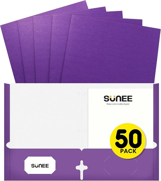 SUNEE Folders with Pockets 3 Hole Punched(50 Pack, Purple), 2 Pocket Folders Fit Letter Size Paper, Paper File Folder for School Office Home Business