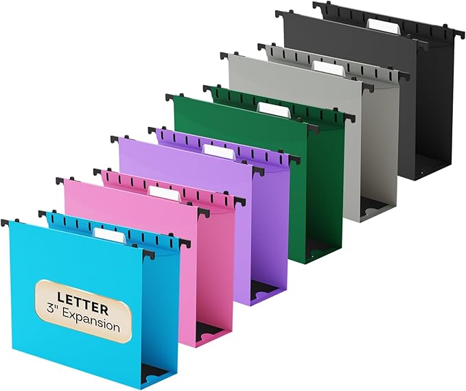 Extra Capacity Plastic Hanging File Folder Letter Size,Heavy Duty 3 inch Expansion,12 Pack Reinforced Hang Folders with Tabs,Durable Hanging Organizer for Bulky File,File Cabinet Folder,Colored