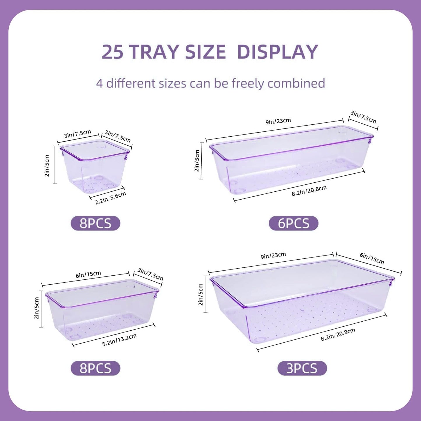 Kitchen Desk Drawer Organizers Storage for Office, Small Acrylic Vanity Trays Makeup Organizer for Drawer Bathroom Plastic Make up Organizers 25 Pcs Clear Purple