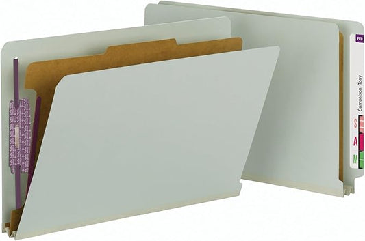 Smead 100% Recycled End Tab Pressboard Classification File Folder with SafeSHIELD Fasteners, 1 Divider, 2" Expansion, Legal Size, Gray/Green, 10 per Box (29800)