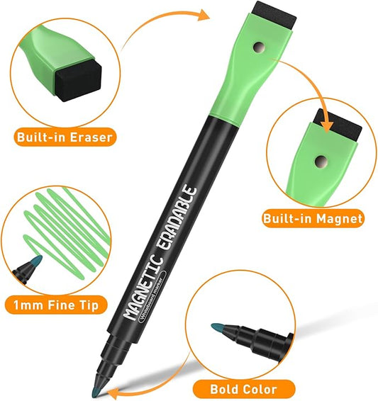 Magnetic Dry Erase Markers - 12 Pack Colorful 1mm Fine Tip Whiteboard Markers with Eraser for Kids Teachers, Low Odor Fine Markers for Dry Erase Boards, Calendars, Mirrors