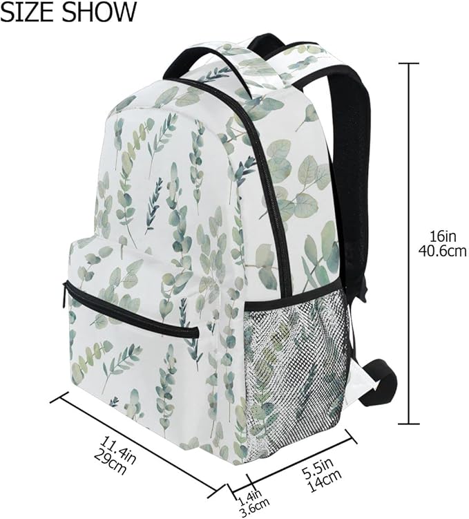Green Sage School Backpack for Kids Boy Girls Eucalyptus Leaf School Bag Daypack Spring Floral Laptop Bookbags Camping Travel Outdoor Shoulder Bag One Size