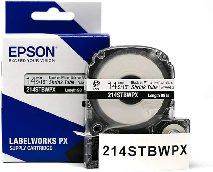 Epson LABELWORKS 214STBWPX Genuine Tape Cartridge - Black on White Shrink Tube Industrial Label Maker Tape - AWG 0-5, 9/16" (14MM) Wide, 8 ft (96")