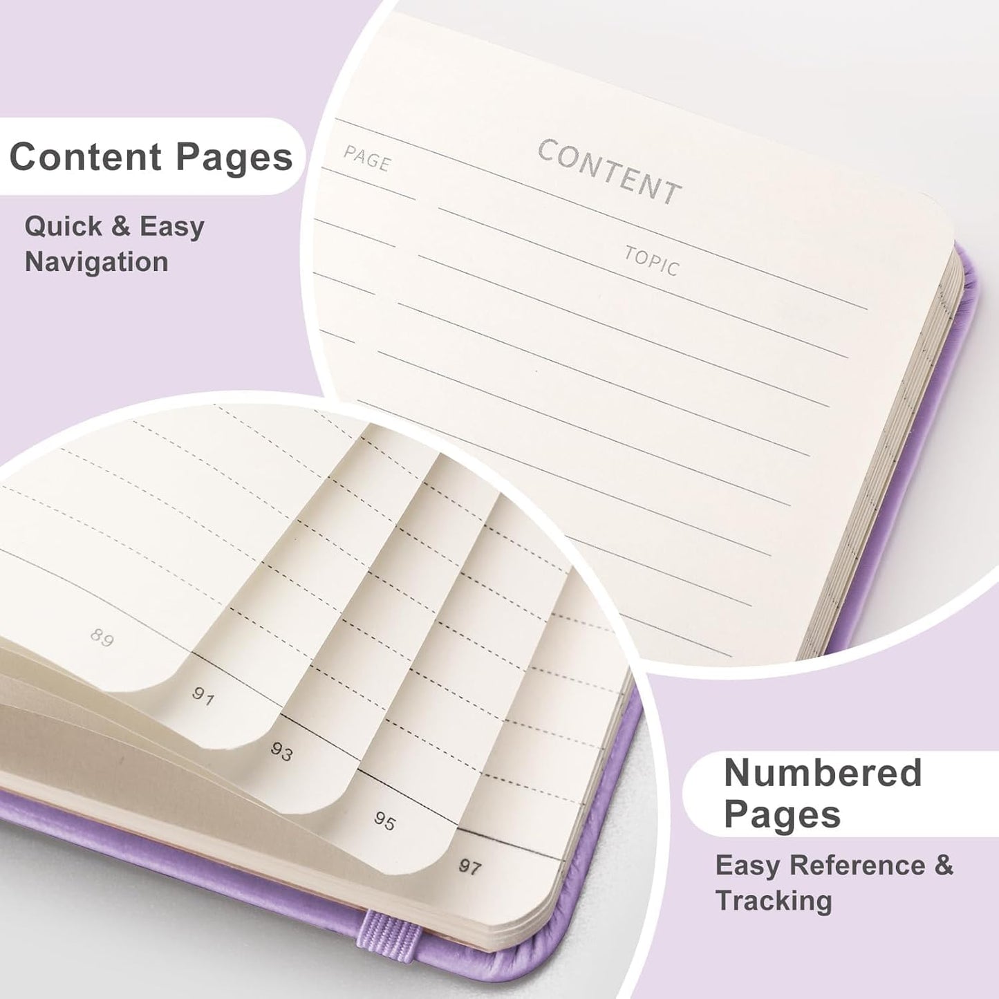 EMSHOI A6 Pocket Notebook for Women Men - 3.7x5.7 Mini Lined Journal, 100GSM Thick 160 Numbered Pages Memo Notepad, Leather Hardcover Small Notebook for Work School Travel Writing - Light Purple