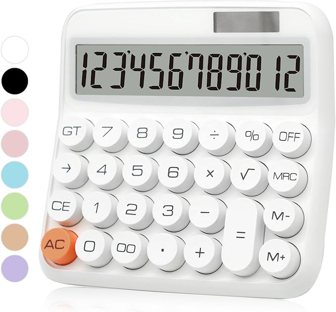 White Calculator, Standard Calculator 12 Digit with Large LCD Display and Big Buttons,White Office Supplies and Desk Accessories,Cute Calculator for Home, Office, School, Class and Business