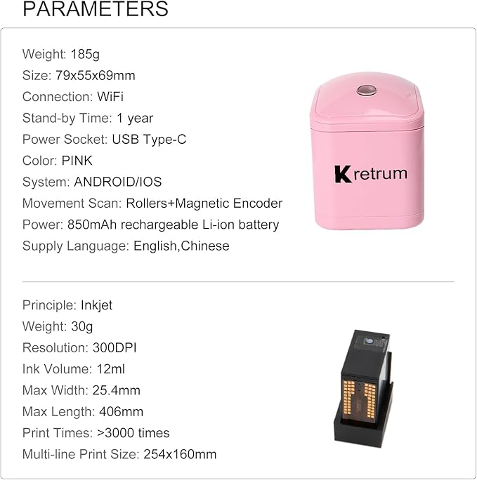 Mini Portable Handheld Temporary Tattoo Printer for iOS & Android APP Label Qrcode Barcode Printer (Pink)