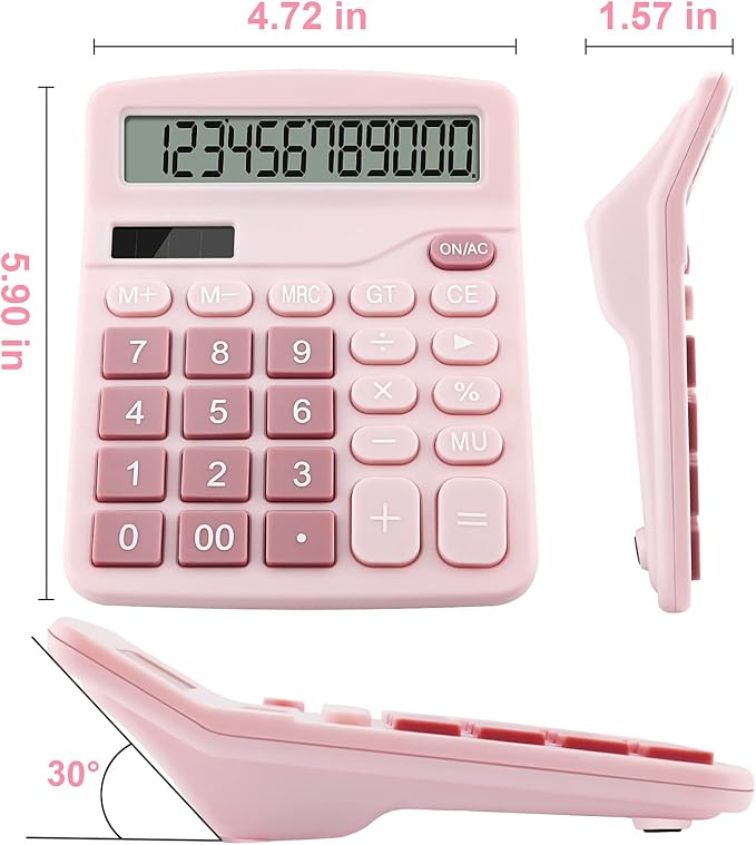 Office Desk Calculator with Solar Power, 12 Digits Large LED Display, Calculators Desktop with Big Buttons, Pink Office Home School Supplies (Pink)