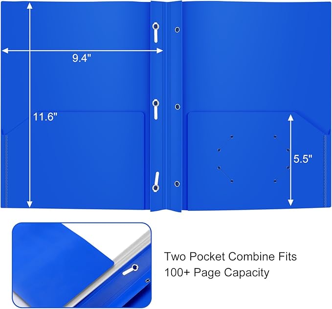 ViVin 12 Pack Heavy Duty Plastic Folders, 2-Pocket Poly File Plastic Folders with 3-Prong Fasteners, Fits 8-1/2" x 11" Letter Size Paper, for Home/School/Office (Blue)
