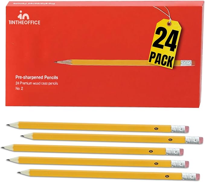 1InTheOffice Pre Sharpened Pencils #2, Pencils with Eraser, 2 HB, Wood-Cased, Black Lead, Yellow Barrel (24)