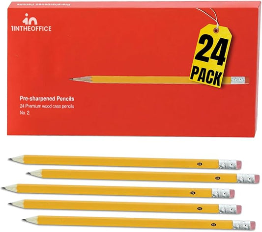 1InTheOffice Pre Sharpened Pencils #2, Pencils with Eraser, 2 HB, Wood-Cased, Black Lead, Yellow Barrel (24)