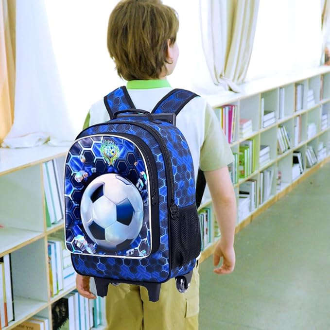 CCJPX 3PCS Soccer Rolling Backpack for Boys, Roller School Bookbag with Lunch Box, Football Water Resistant Wheeled Backpacks for Teens Elementary Travel-Blue