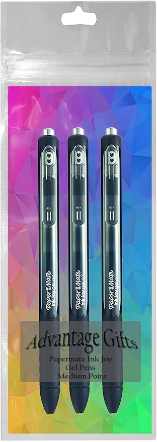 Paper Mate InkJoy Gel Pens, Black Ink, Medium Point (0.7mm), 3 Count, Bundle with Plastic Reusable Pouch
