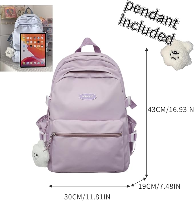 Kawaii Backpack with Cute Accessories Casual Aesthetic Daypack Simple Laptop Bag Waterproof Travel Rucksack for Women (purple)