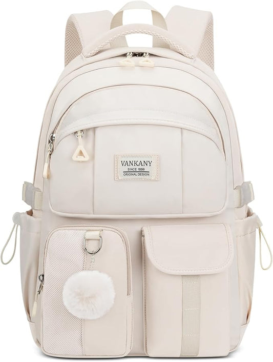 Teen Girls Backpack for School, Multi-pocket Aesthetic Middle School Book Bag College Travel Back Pack Kid Casual Laptop Backpack for Women (Beige)