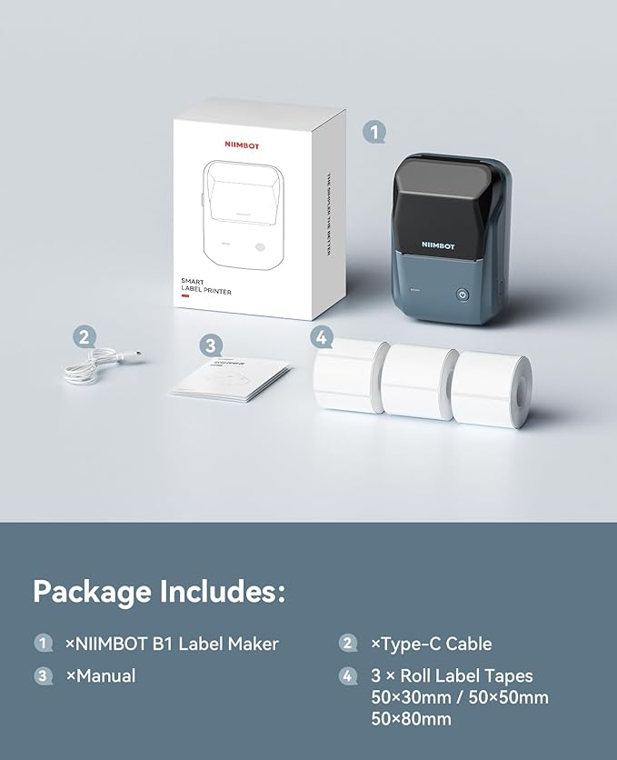 NIIMBOT 2Inch Label Maker Machine with 3 Tape, B1 Portable Sticker Printer for Small Businesses, Clothing, Logo, Jar, Address, Compatible with Phones & PC, Blue