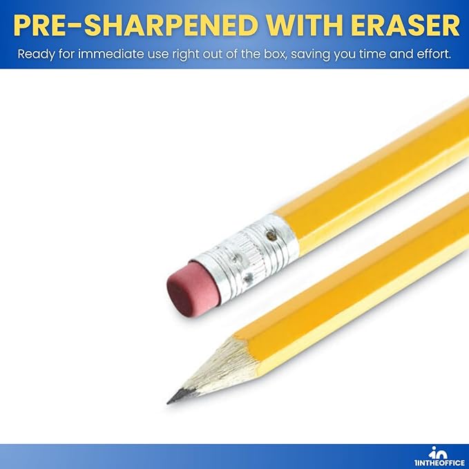 1InTheOffice Pre Sharpened Pencils #2, Pencils with Eraser, 2 HB, Wood-Cased, Black Lead, Yellow Barrel (48)