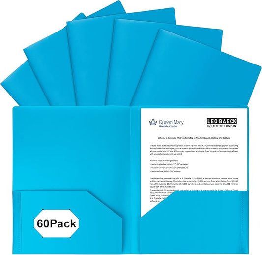 Plastic Folders with Pockets,2-Pocket Poly Folders Holds 8-1/2" x 11" Paper for School/Office/Home (Lake Blue, 60-Pack)
