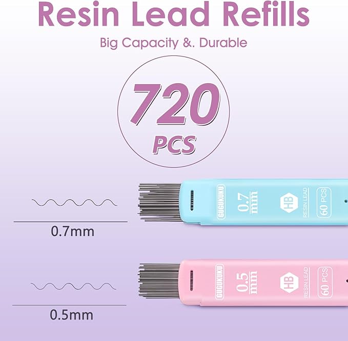 Mechanical Pencil Set with Cute Pencil Case, 12PCS Pastel Mechanical Pencils 0.5 & 0.7mm with 720PCS HB Leads, 4PCS Erasers and 1x Sticky Note, Suitable for School Writing, Drafting Drawing Sketching