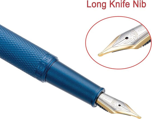 Hongdian 1851 Dark Blue Forest Fountain Pen Blade Nib Classic Design Calligraphy Pen with Converter and Metal Pen Case Set