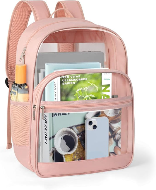 Clear Backpack, Heavy Duty Transparent Bookbag for School, Fabric & PVC Transparent Backpack with Reinforced Strap for Women Men, Capacity Clear Bag for College, Travel, X-Large Pink