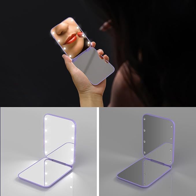 Kintion Pocket Mirror, 1X/3X Magnification LED Compact Travel Makeup Mirror with Light for Purse, 2-Sided, Portable, Folding, Handheld, Small Lighted Mirror for Gift, Purple
